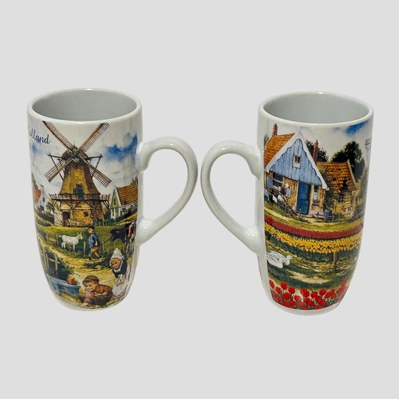 Set 2 Tall Holland Cup Mug Children Windmill Tulips 4.5" All Dutch by TS Holland - Picture 1 of 16